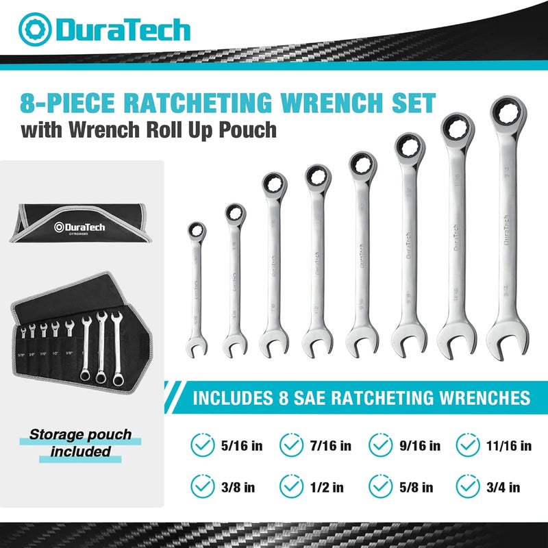 DURATECH Ratcheting Wrench Set, Combination Wrench Set, SAE, 8-piece, 5/16" to 3/4", CR-V Steel, with Pouch - Image 2